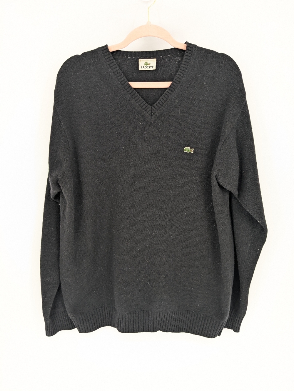 Lacoste Wool Blend V-Neck Sweater Jumper Black Knit Size 5/Large Preppy Logo